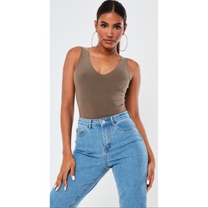 Taupe slinky seamless v neck plunge bodysuit